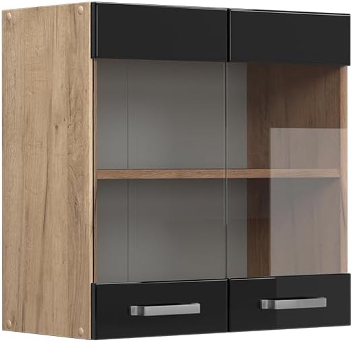 Glazen keukenkast - Hangvitrine keuken - Servies opbergen - Twee glazen deuren - 60x60x31 cm - Zwart hoogglans