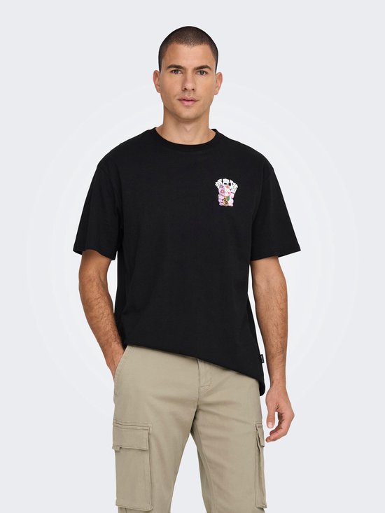 Zwarte T-shirt met een robot Maneki Neko kat-print op de borst.
