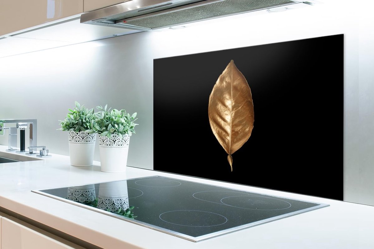 Hittebestendige Keuken Spatscherm 90x60cm - Goudkleurig Blad Ontwerp - Zonder Boren
