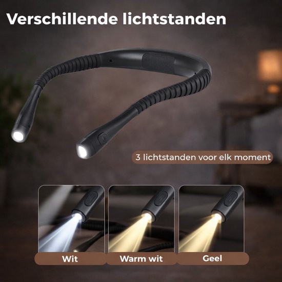 JOMI Oplaadbare Neklamp - LED Nekleeslamp met Flexibele Armen en 3 Lichtstanden - Handsfree Leeslamp voor Lezen en Hobby van Merkloos — afbeelding 2