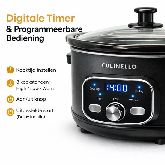 Close-up van een zwarte Culinello slowcooker met digitale timer en knoppen. De tekst beschrijft de functies.