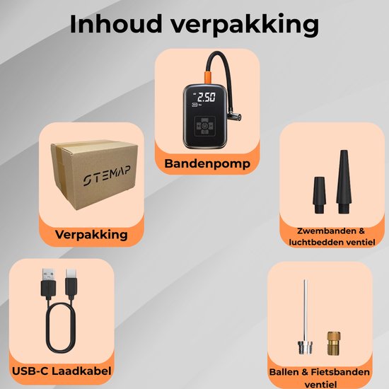 Stemap Compressor Bandenpomp - Elektrische Fietspomp - Luchtcompressor voor Auto, Scooter, Motor & Fiets - 3.600mAh - Oplaadbaar & Draagbaar - Met Verlichting - Tot 10bar van Merkloos — afbeelding 3