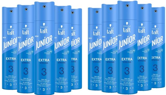Tien blauwe bussen Taft Junior Haarlak Extra Sterk met 'Junior Haarlak' en 'Extra Sterk' op de voorkant.