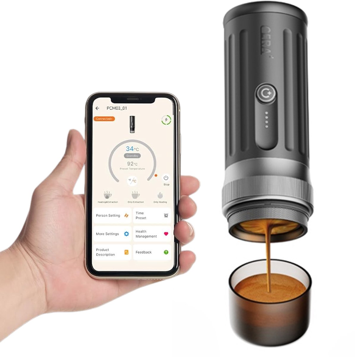 Ceramax draagbare espressomachine - 3e gen 13500 mAh batterij - bleutooth app - bodemloze 58mm portafilter - tot 8 kopjes zonder opladen - 150s tot 96°C - pre-infusie - draagbare koffiemachine - reis & camping koffiezetapparaat 12 volt - CERA+