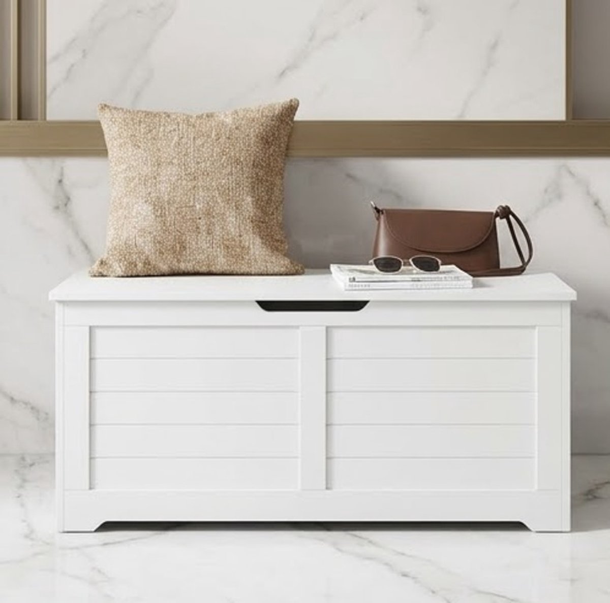 Elegance Schoenenbank met Opbergruimte en Zitkussen – Schoenenkast & Zitbank voor Hal en Woonkamer – Landhuisstijl – Wolkenwit – 100 x 40 x 46 cm - Casa Serena