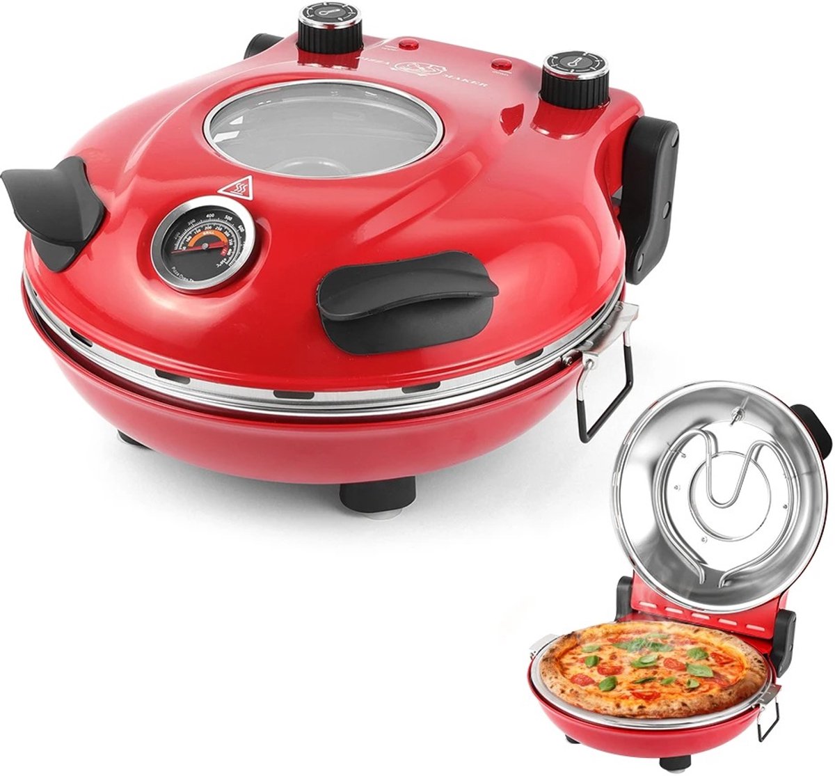 Lifero Elektrische Pizzaoven – Met Keramische Pizzasteen – Pizzapan Elektrisch - Pizzabakker 1200W – In 5 Min. Knapperig – Rood
