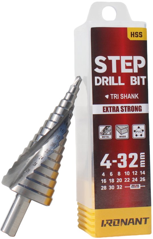 Zilveren 4-32mm trappenboor schuin voor de gele Ironant productverpakking.
