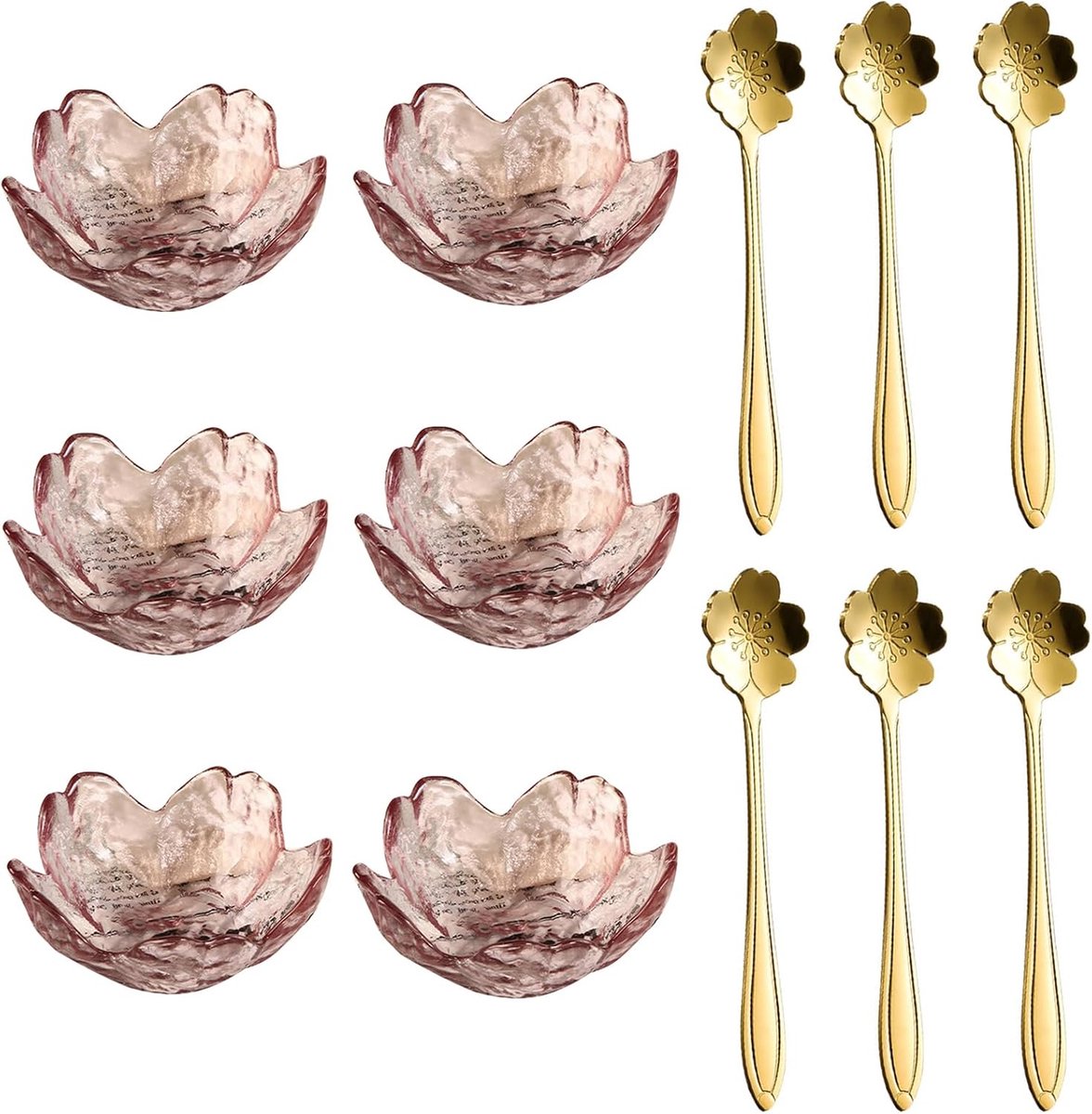 Glazen Dipkommen Set van 6 met Schepjes - Sakura Bloemen Design