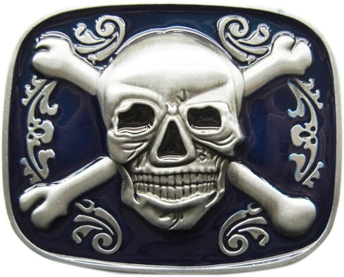 Grote Gesp voor Riem met Blauwe Schedel en Botten, Vintage Piratenstijl