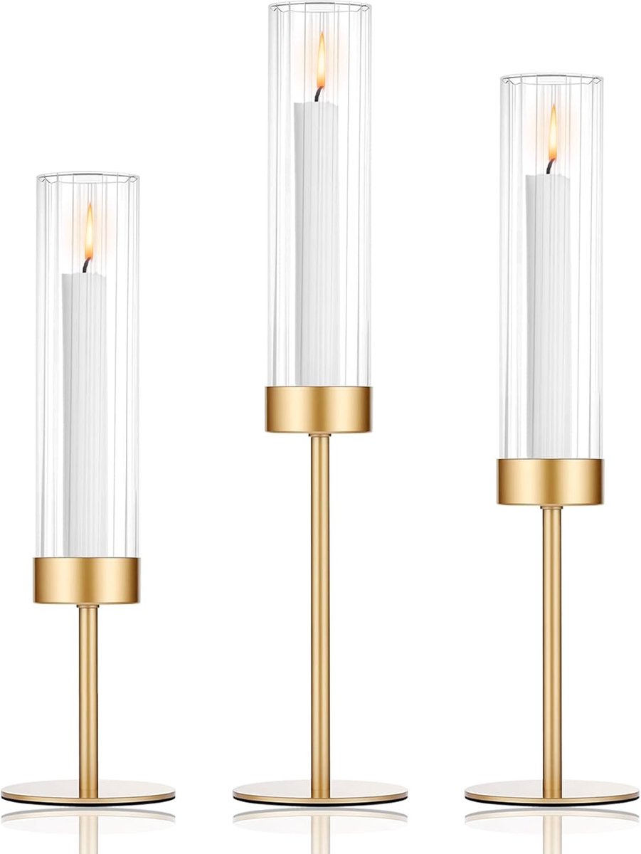 Set van 3 Gouden Kaarsenhouders voor Taper Kaarsen - Elegant voor Dineren en Feestdecoratie