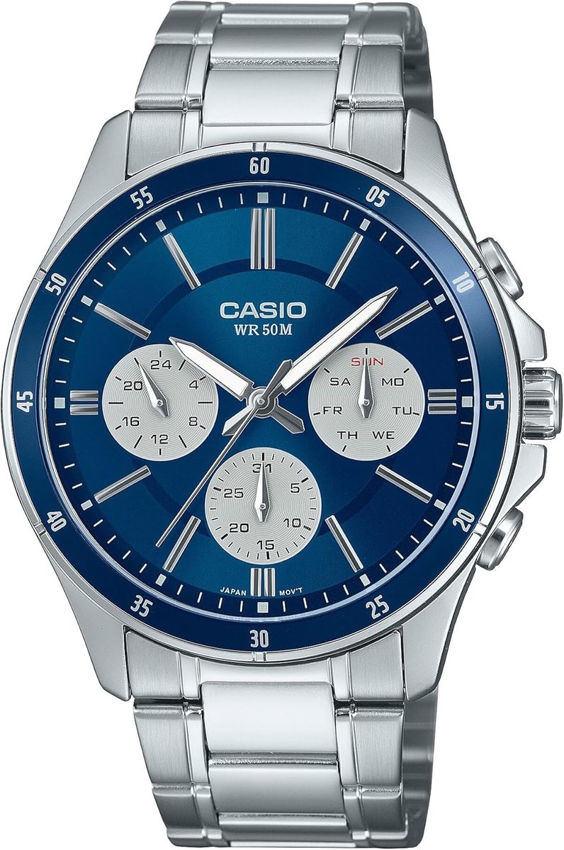 Analoge Herenhorloge met Zilveren Armband en Blauwe Wijzerplaat