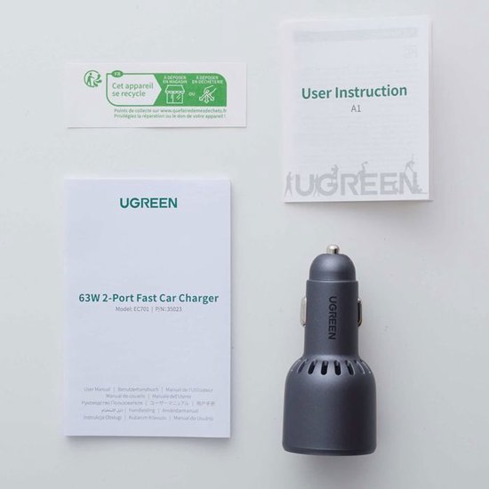 UGREEN 63W 2-poorts snellader en gebruikershandleidingen.
