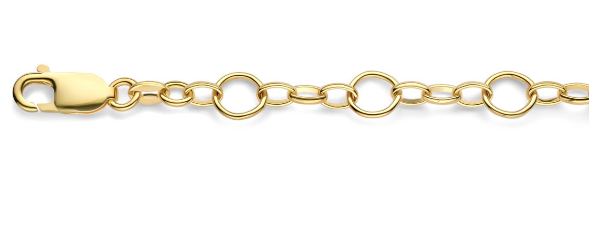 Mori Gold Filté 7,3mm brede armband, Ronde schakels met drie 3,7mm brede armband, Ovale t'ogen, goud gevuld 1/20