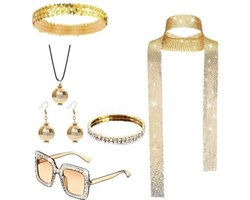 Ultiluxe® Disco Accessoires - 7 Stuks - Verkleden met Sieraden, Zonnebril, Sjaal en Haarband - 70s en 80s Verkleedset - Glitter - Retro - Feestaccessoire - Goud