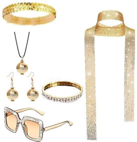 Ultiluxe® Disco Accessoires - 7 Stuks - Verkleden met Sieraden, Zonnebril, Sjaal en Haarband - 70s en 80s Verkleedset - Glitter - Retro - Feestaccessoire - Goud