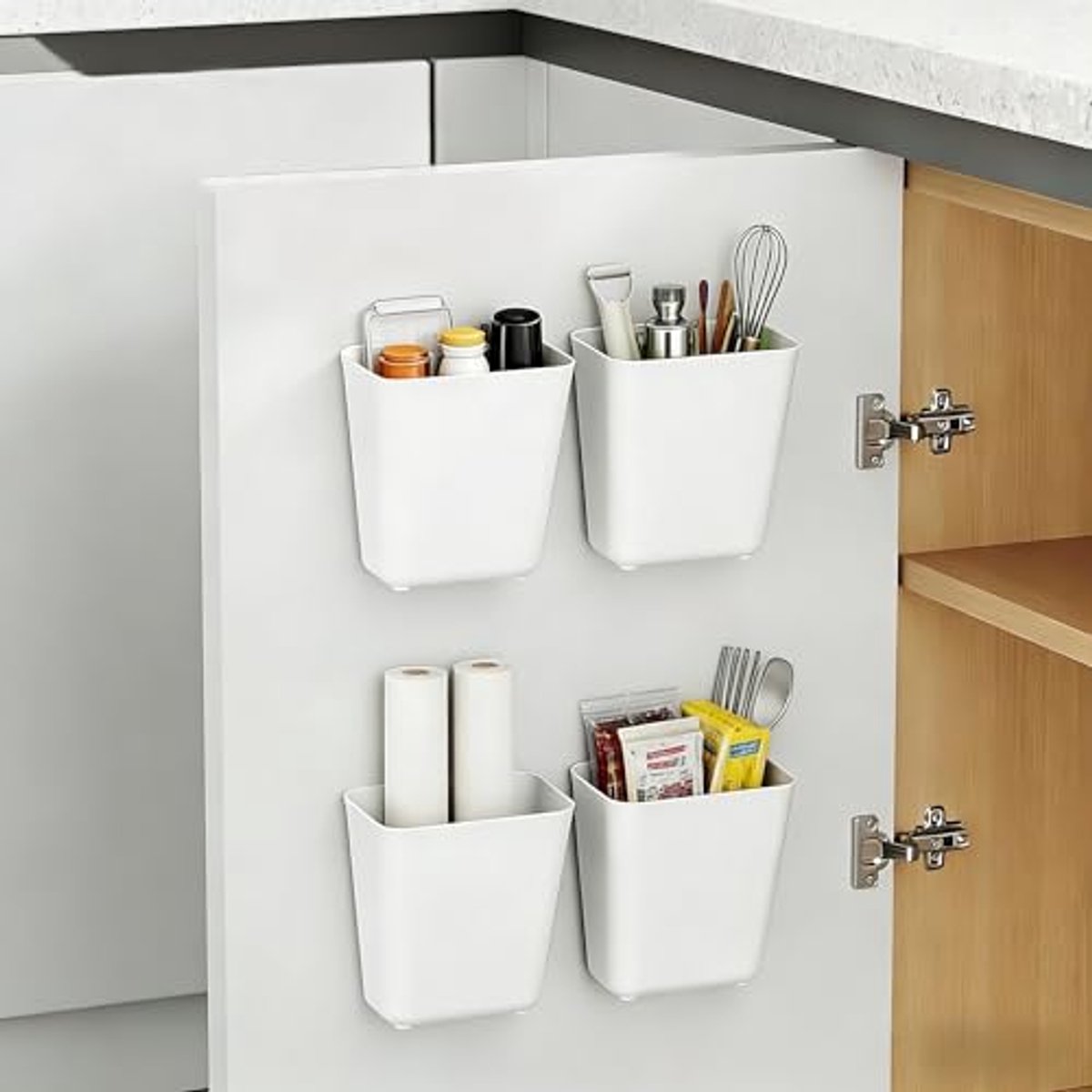 Ultiluxe® Opbergbakjes - 4 Stuks - Keukenkast Organizer - Zelfklevende Opbergers - Schrank Organizer - Ruimtebesparend - Zonder Boren - Wit