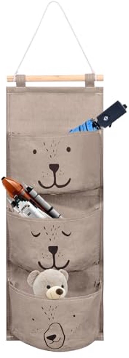 Ultiluxe® Hangende Opbergzak - Wand Organizer Voor Kinderen - Opbergtas Voor Knuffels - 22 x 56 cm - 3 Vakken - Opvouwbaar - Bruin