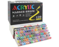 Acrylstiften 120 Stuks – 120 Kleuren – Acrylmarkers met Penseelpunt – Voor Happy Stones, Steen, Hout, Glas en Textiel