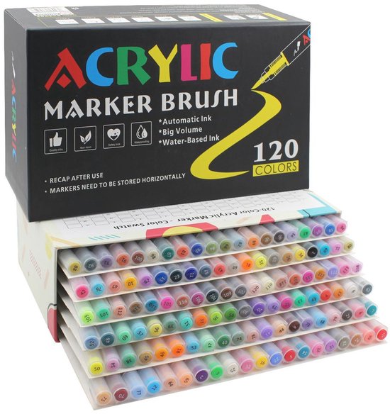 Een open doos met 120 acryl markers in rijen. Kleurstaaltjes zijn zichtbaar op de doos. Details: 120 kleuren, 27x9.5x14.5cm, 1647.5G.