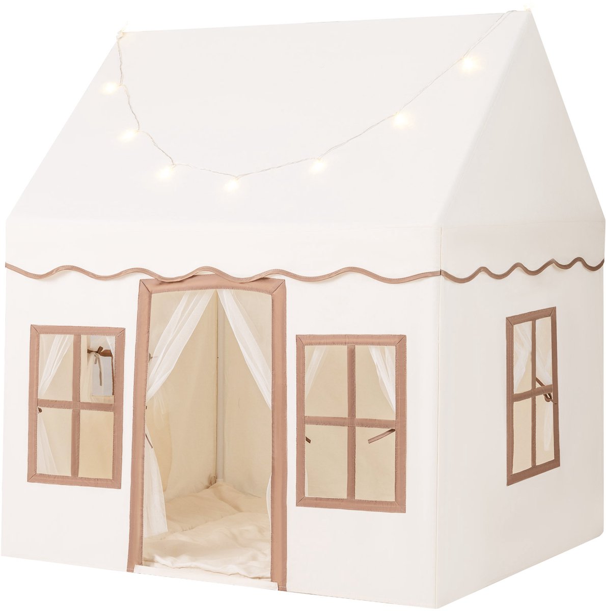 COSTWAY kinderspeelhuis met sterverlichting, prinsessen kindertent met ramen & vitrage, kinderspeeltent speelhuis voor jongens en meisjes (lichtbruin)