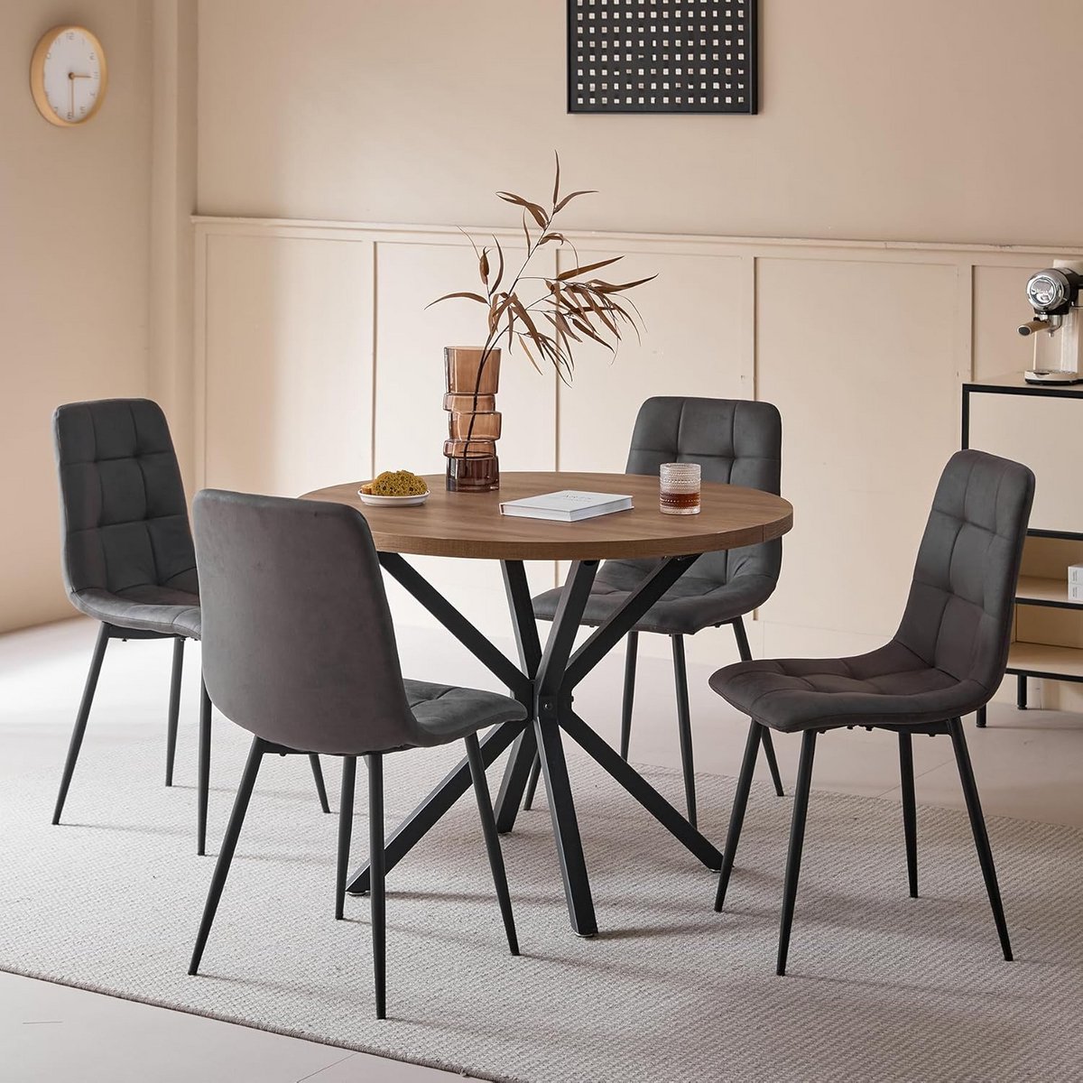 Ronde Eetkamerset Tafel 100 cm met 4 Gestoffeerde Eetkamerstoelen Imitatieleer