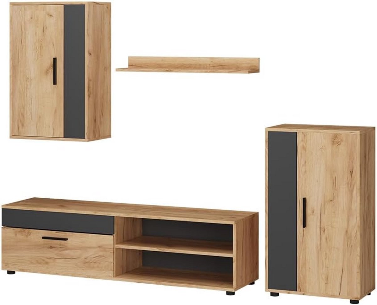 Complete Woonwand Set 4 Delen - Kast, Dressoir, Plank en TV-Meubel in Eikenlook & Antracie