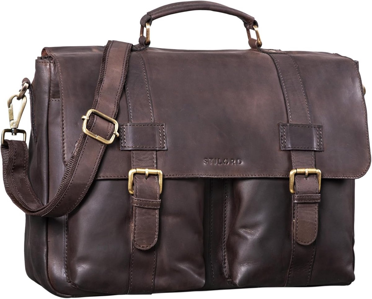 Grote Leren Aktetas Vintage Schooltas Heren voor 15.6 Inch Laptop