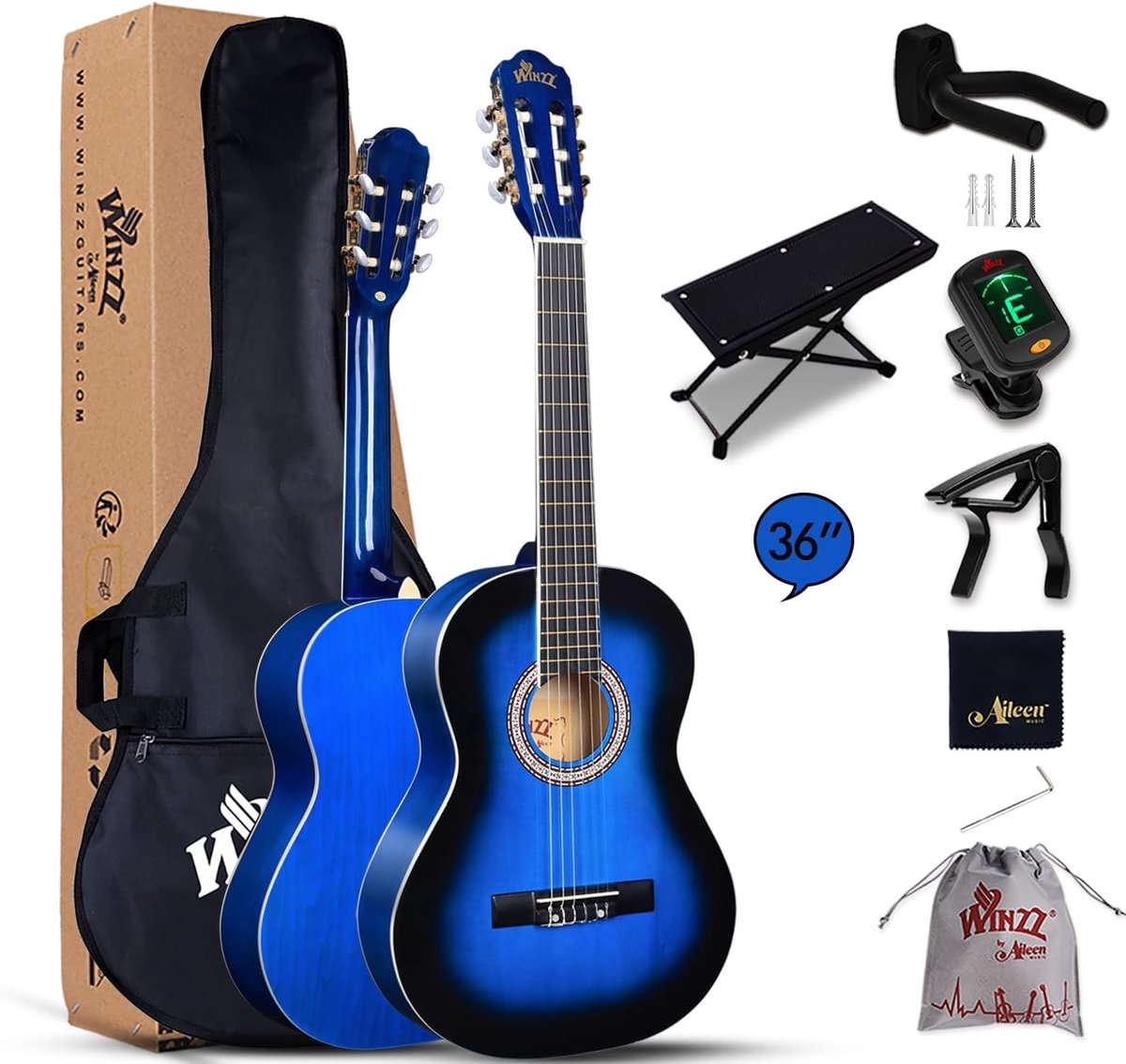 3/4 Klassieke Gitaar Set voor Kinderen en Beginners - Blauw Glanzend
