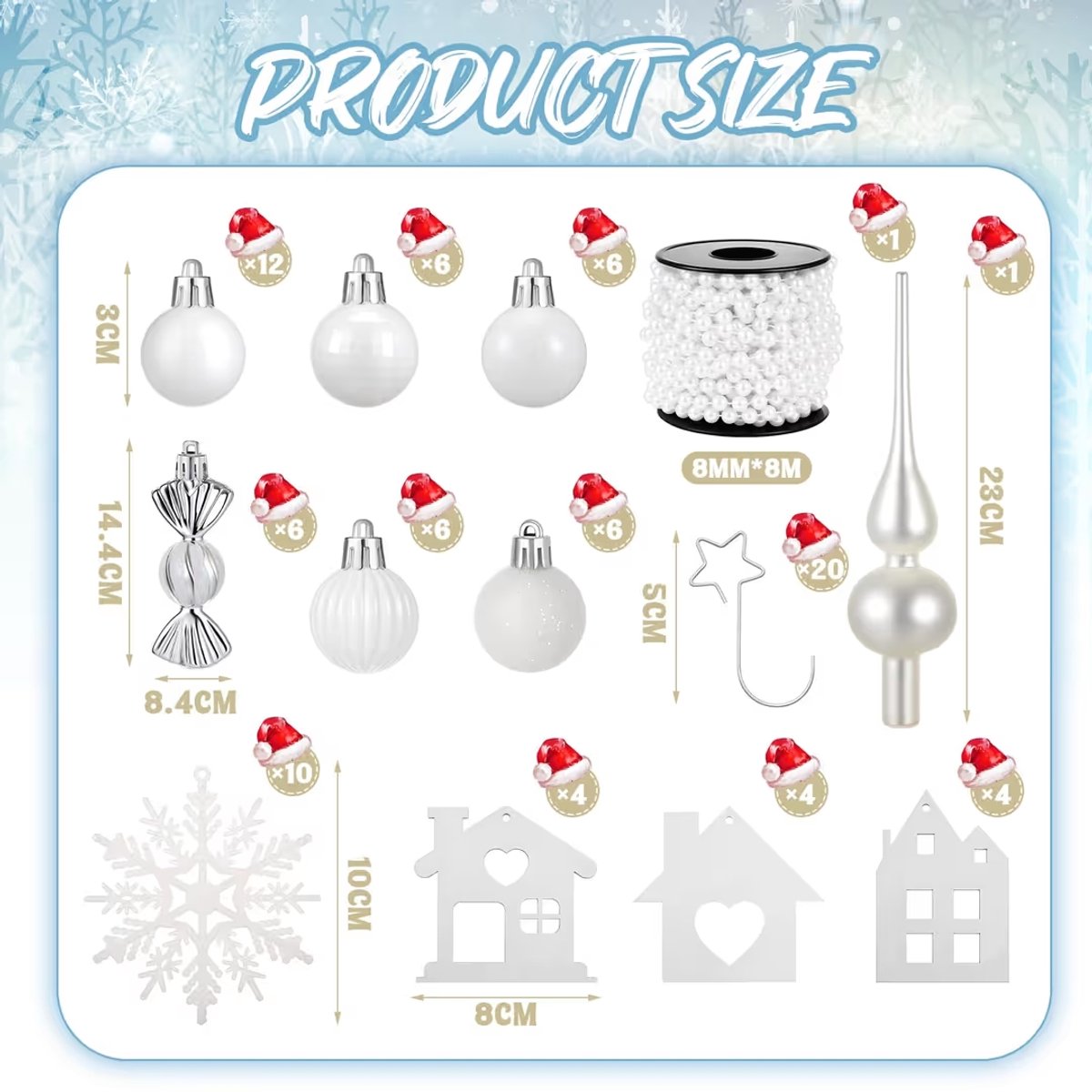 66 stuks witte kerstballen, kerstboomversiering, set kunststof kerstballen, boompiek, sneeuwvlokken, houten hangers, snoep, kerstdecoratie voor feest, kerstboom, decoratie – foto 2