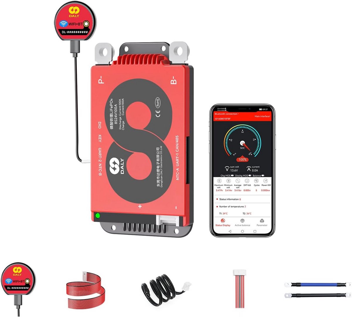 Slimme Accubeheer - Batterij Bescherming - Energie Opslag - WiFi CAN RS485 - 8S 24V 100A