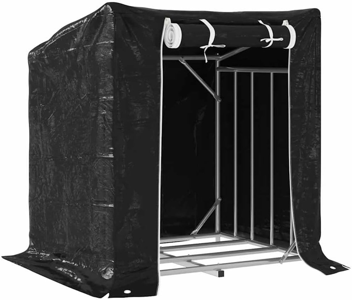 Houtopslag Rek met Regenhoes - 100.5x80.5x110.5 cm - Zwarte Stalen Brandhout Opbergrek