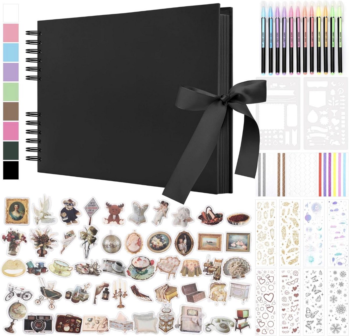 Fotoalbum met 80 lege pagina’s – DIY scrapbook fotoboek met 12 stiften & 7 stickers – Gastenboek voor verjaardag, familie, bruiloft en reizen – Zwart