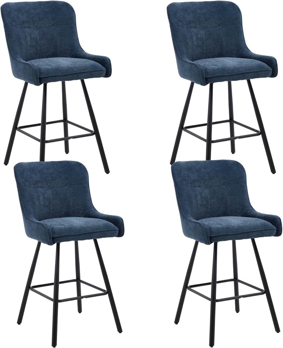 Set van 4 Hoge Barkrukken met Rugleuning en Metalen Poten voor Keuken of Bar