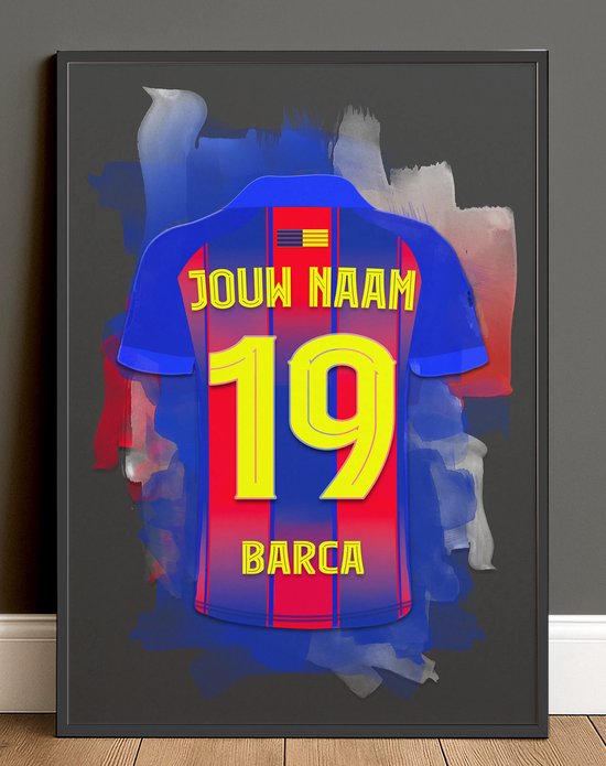 Affiche de maillot de football FC Barcelone dans un cadre noir, avec 'VOTRE NOM' et le numéro '19'.