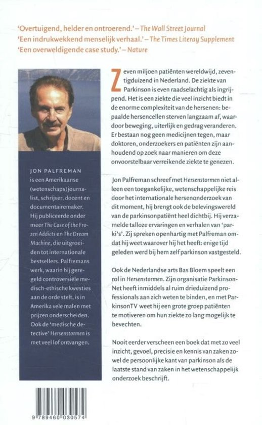Achterkant boek met foto van Jon Palfreman en tekst over Hersenstormen.