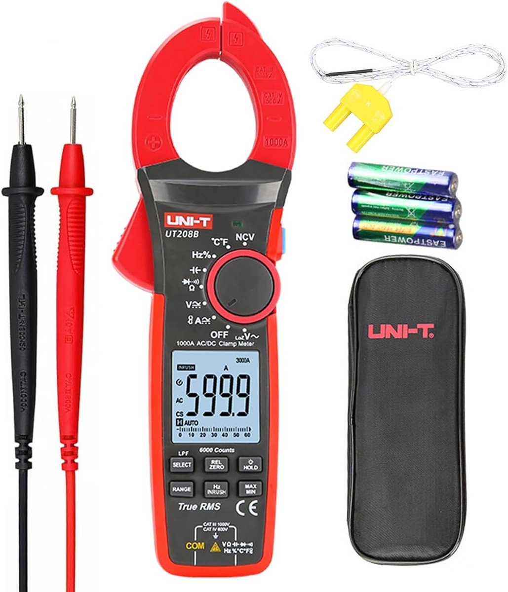Digitale Tangstroommeter 1000A AC DC met 6000 Counts, Achtergrondverlichting en Zaklamp