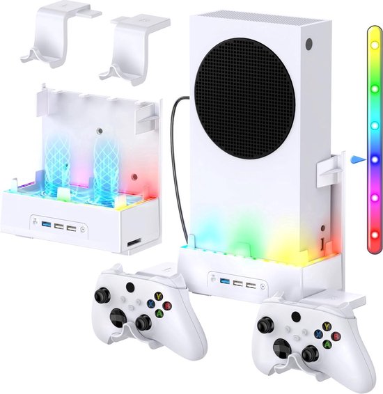 Witte consolehouder met dubbele ventilator, RGB-verlichting, 3 USB-poorten en 2 controllerhaken, met Xbox Series S console en controllers.