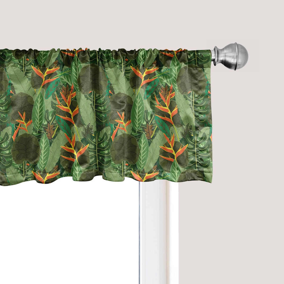 ABAKUHAUS Botanische raamvalance, gordijnvalance voor keuken en slaapkamer met tunnelzoom, 137 cm x 45 cm, groenblijvend en olijfgroen