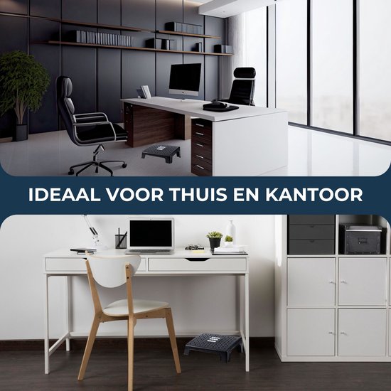 Een zwarte, ergonomische voetensteun onder een bureau op een kantoor en een bureau thuis.