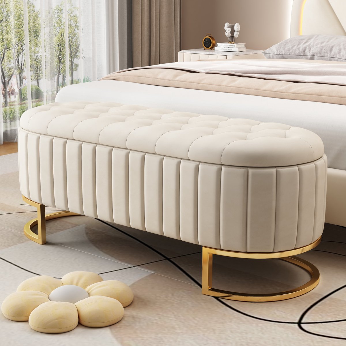 PHOEBE CAT Bedbank - Met opbergruimte - 120 x 40 cm - Gewatteerd schoenenbank - Velvet - Beige