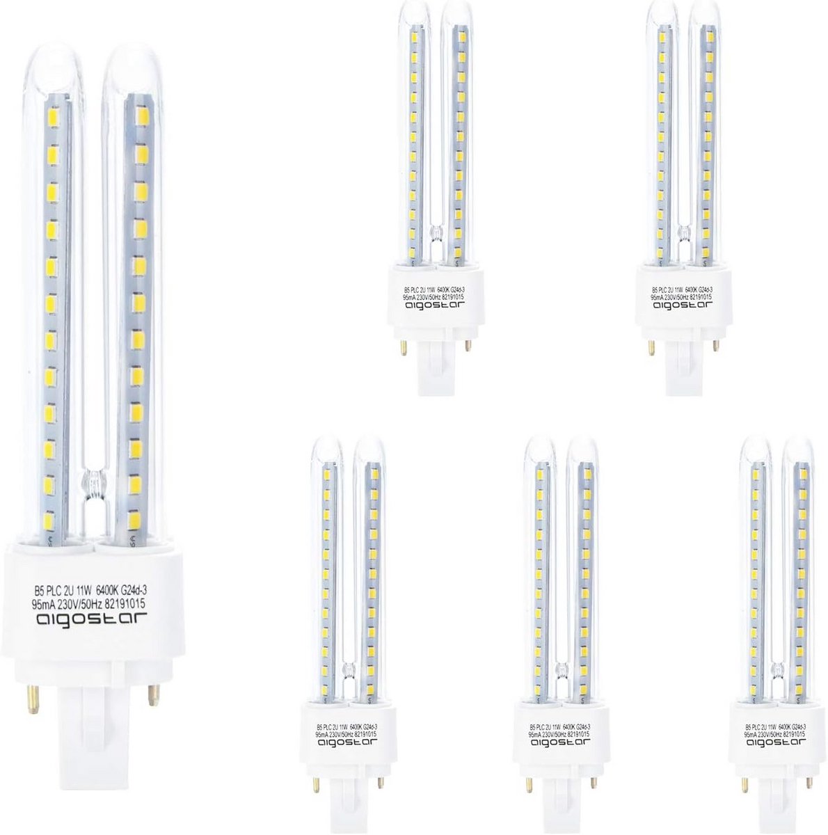 5x Ledlamp PLC 2U 11W Koudwit 6500K 1070 Lumen G24d-3 Energiezuinig