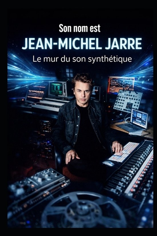 Jean-Michel Jarre assis dans un studio avec des synthétiseurs et des écrans. Texte: Son nom est JEAN-MICHEL JARRE Le mur du son synthétique.