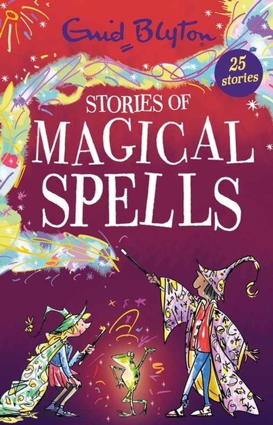 Boekomslag: Stories of Magical Spells met 25 verhalen, een tovenaar en heks die een kikker betoveren.