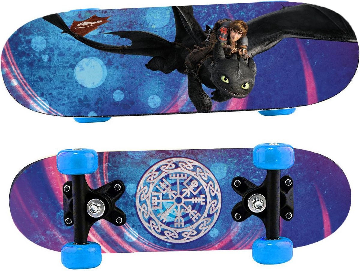 Houten Miniskateboard voor Kinderen met Drakenprint Blauw