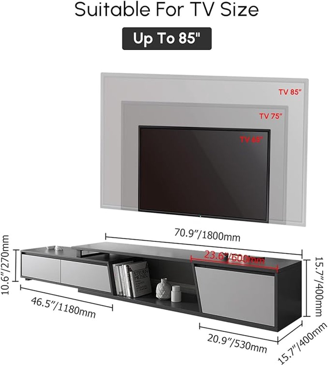 Uitschuifbaar TV Meubel 180–290 cm Breed x 39,9 cm Diep x 39,9 cm Hoog – Modern Entertainment Center met 3 Laden en Opbergrek – Grijs – Abkantoor
