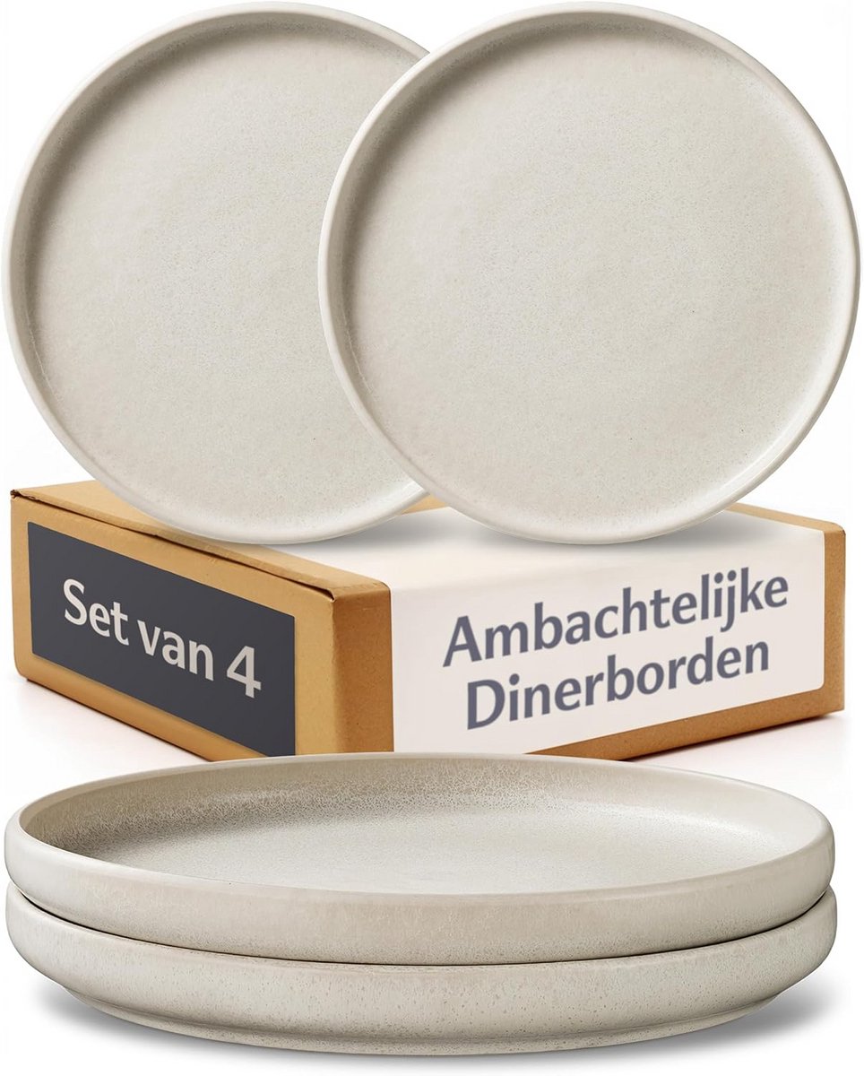 Set van 4 Witte Keramische Dinerborden Ø26 cm - Minimalistisch Servies voor 4 Personen