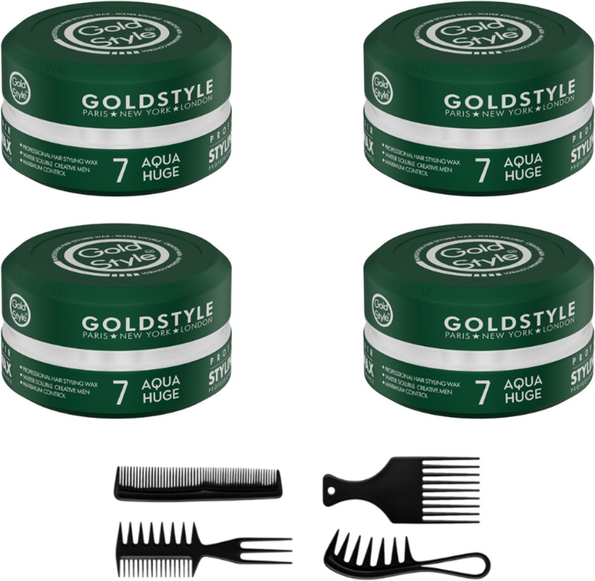 Gold Style Aqua huge Haar Wax – 4 x [150 ml] + 4 styling kammen – Haarwax voor Mannen – Sterke Hold & Frisse Look