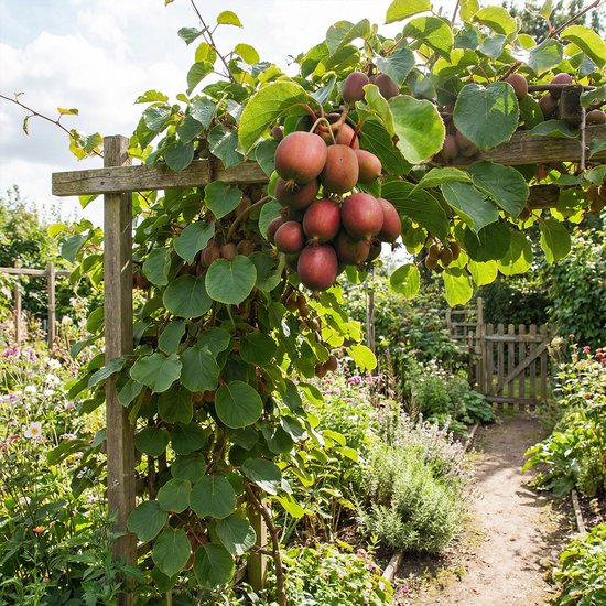 Rode kiwibessen hangen aan een plant die over een houten pergola groeit in een tuin.