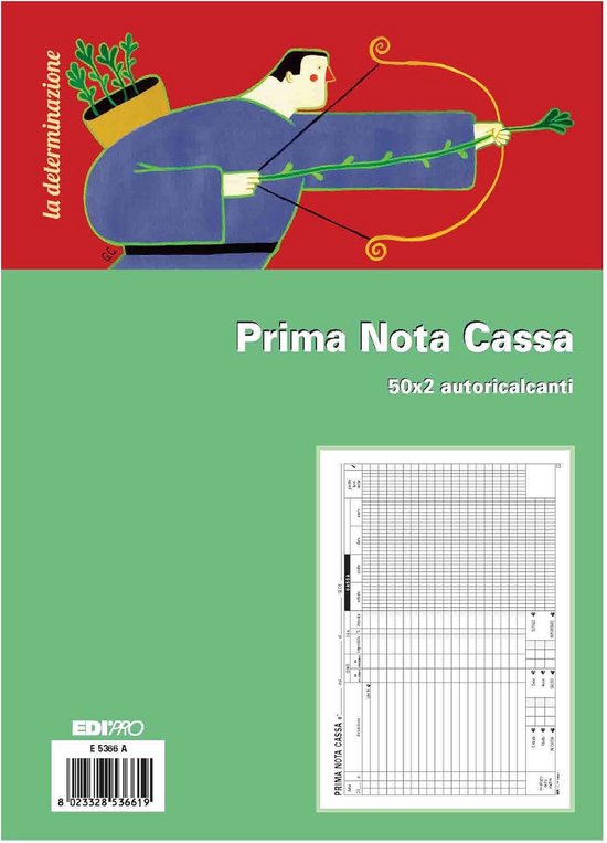 Boek met blauwe kaft met tekening van een persoon met pijl en boog, "Prima Nota Cassa" erop.