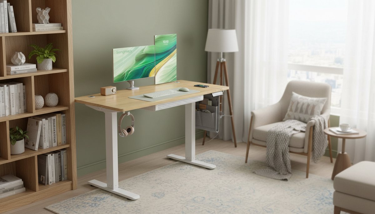 Electric Desk Casa Velluto – Adjustable Height Sit-Stand Desk 120x60 cm, Memory Function for 4 Heights, Gold Oak Finish, Ergonomic USB-C Charging, Sturdy Steel Frame, Cable Management, Modern Office Desk